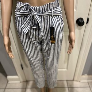 Navy and White Stretch Pants with Tie Belt